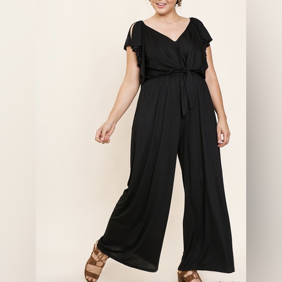 Umgee Pants - Umgee Wide Leg V-Neck Jumpsuit with Ruffled Split Sleeves with Center Tie 1X
